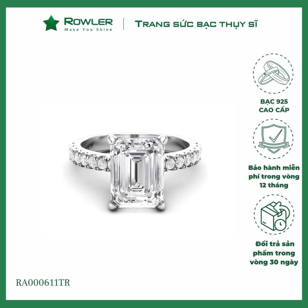 Nhẫn bạc 925 đính đá Cubic Zirconia 5A chữ nhật Emerald cut 6*8ly ROWLER RA000611