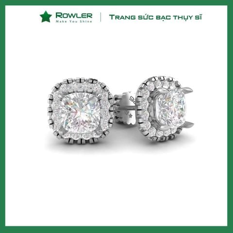 Bông tai bạc Thụy Sỹ  đính full đá Moissanite vuông cushion cut 6.5ly- ROWLER