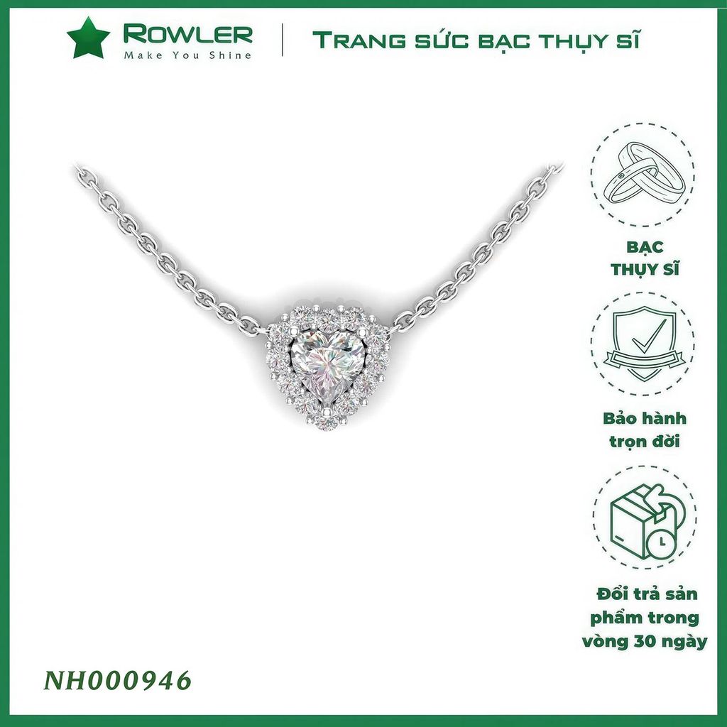 Dây cổ bạc Thụy Sĩ đính full đá Moissanite tim 7.0ly lấp lánh NH000946