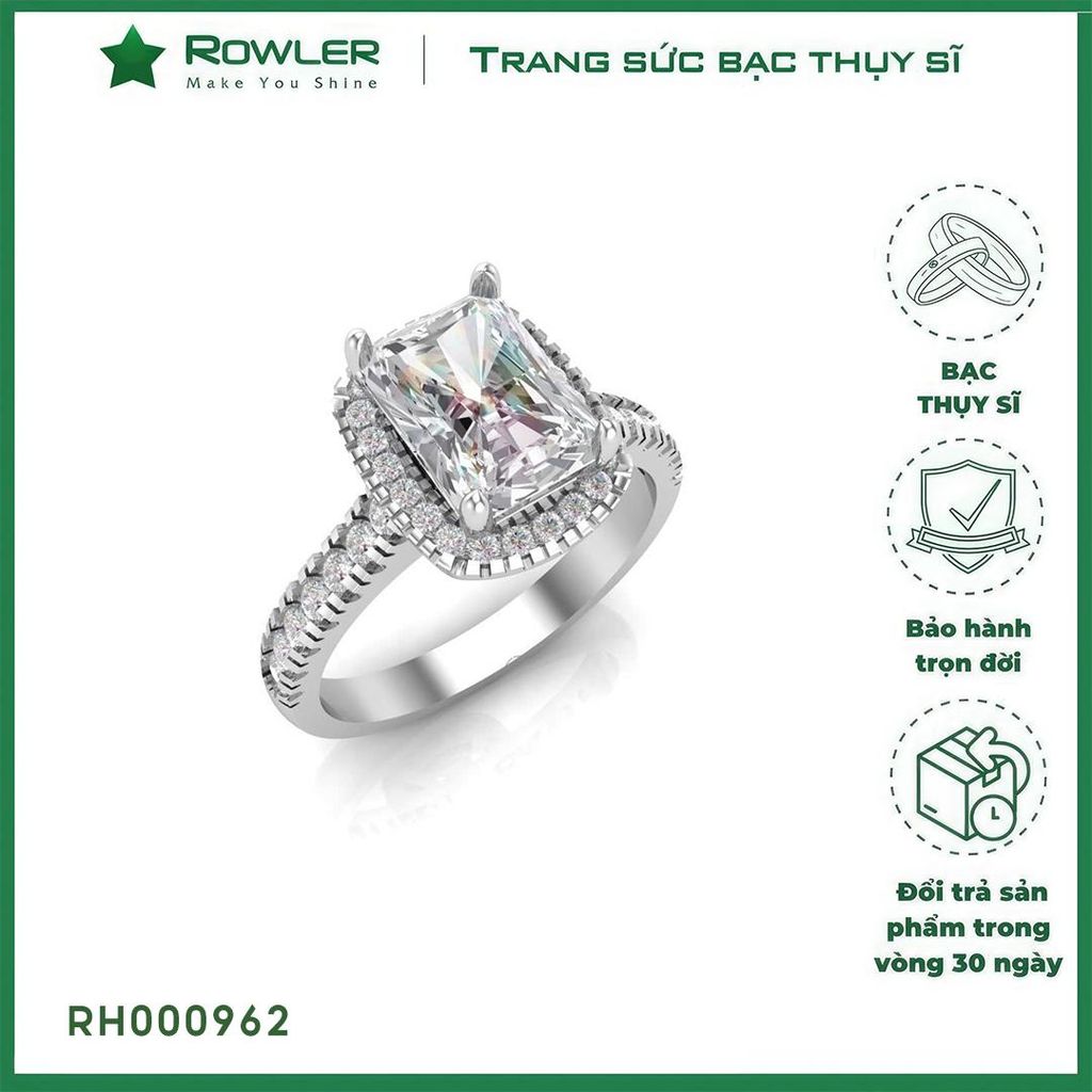 Nhẫn bạc Thụy Sĩ đính đá Moissanite chữ nhật Radiant cut 6*8 ly_Trang sức bạc chính hãng_ ROWLER- RH000962