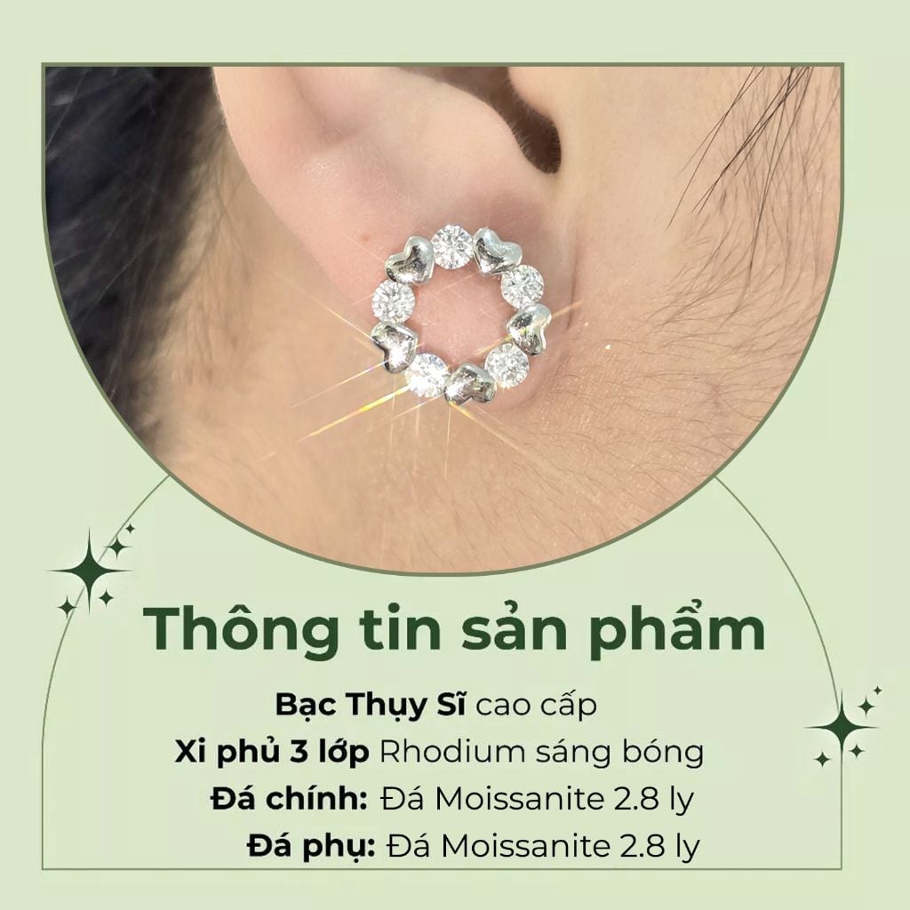 Bông tai bạc nữ Thụy Sĩ vòng tròn đính đá Moissanite ROWLER EH000848