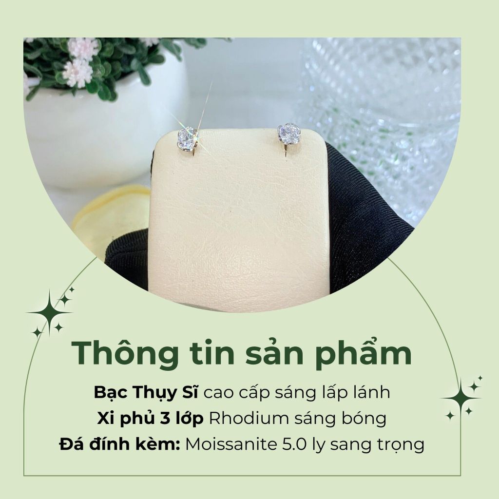 Bông tai bạc nữ Thụy Sĩ 3 chấu đế hoa đá Moissanite 5.0 ly ROWLER EH000958