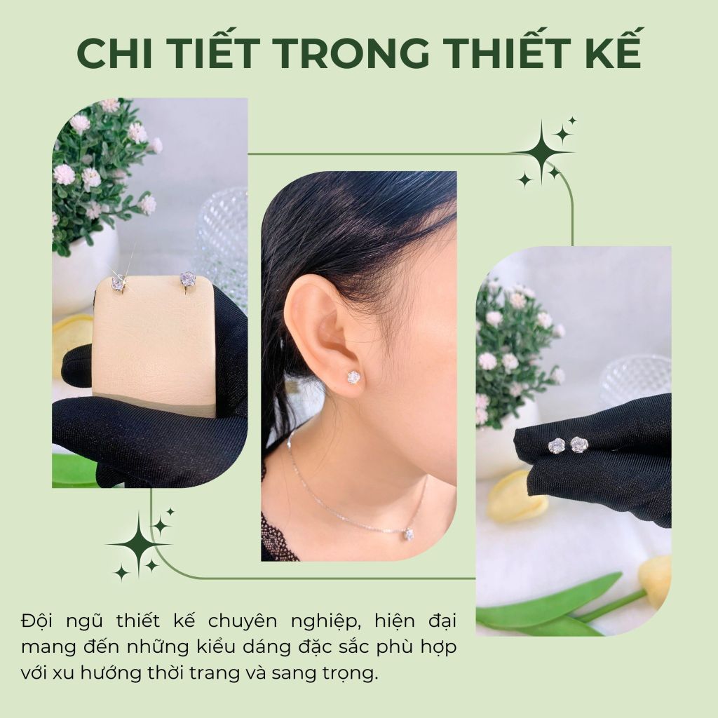 Bông tai bạc nữ Thụy Sĩ 3 chấu đế hoa đá Moissanite 5.0 ly ROWLER EH000958