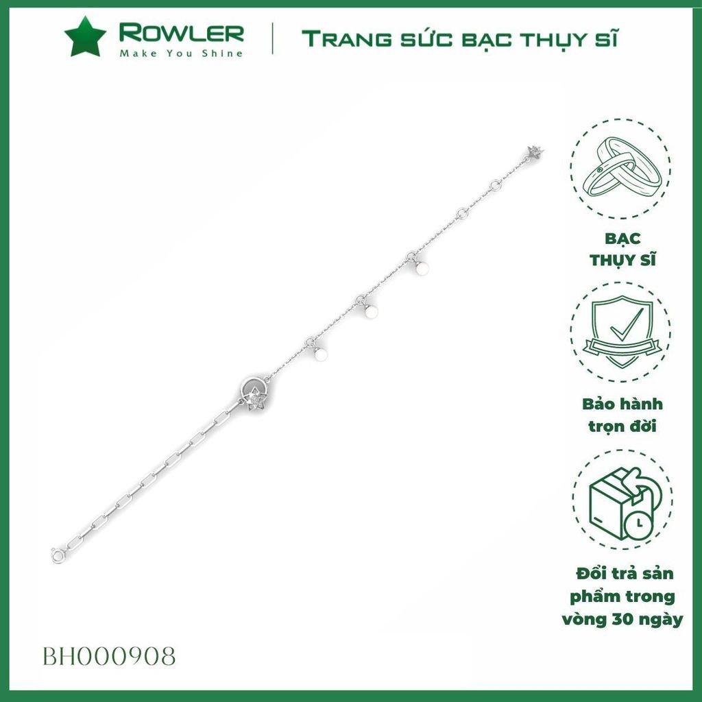 Lắc tay bạc Thụy Sĩ họa tiết ngôi sao đính Ngọc trai và đá Moissanite ROWLER BH000908
