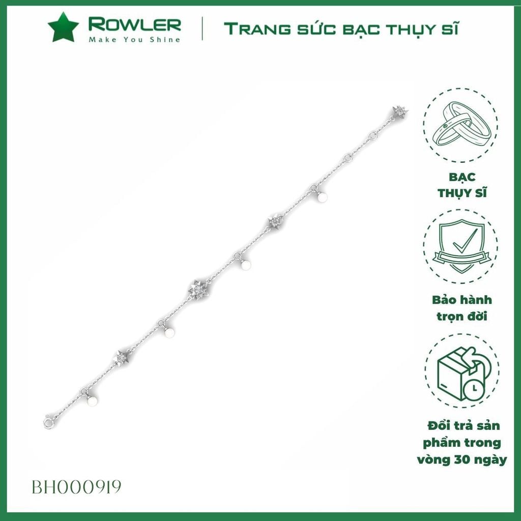 Lắc tay bạc Thụy Sĩ họa tiết ngôi sao đính Ngọc trai và đá Moissanite ROWLER BH000919