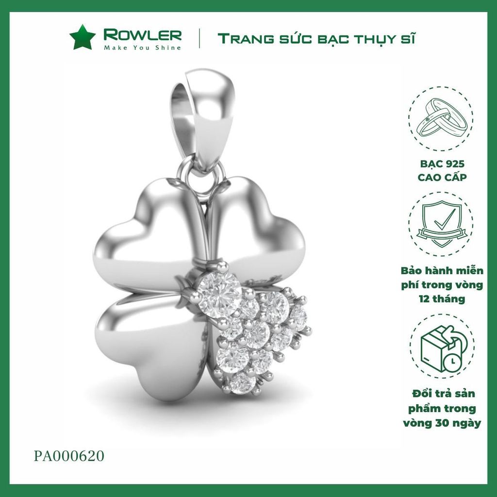Mặt dây chuyền nữ bạc 925 cỏ 4 lá may mắn đính đá Cubic Zirconia 5A ROWLER PA000620