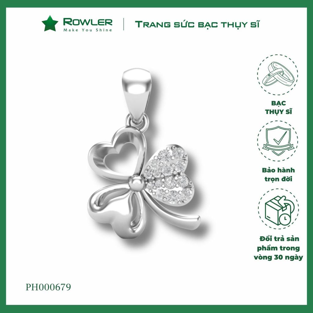 Mặt dây chuyền bạc cỏ 3 lá đính đá Moissanite ROWLER PH000679