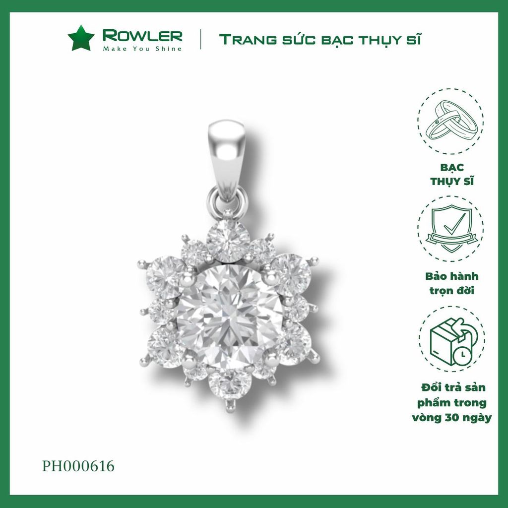 Mặt dây chuyền nữ bạc Thụy Sĩ hình bông hoa đính đá Moissanite 6.0ly ROWLER PH000616