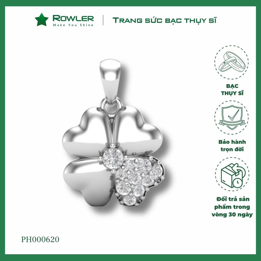 Mặt dây chuyền nữ bạc Thụy Sĩ họa tiết cỏ 4 lá đính đá Moissanite ROWLER PH000620