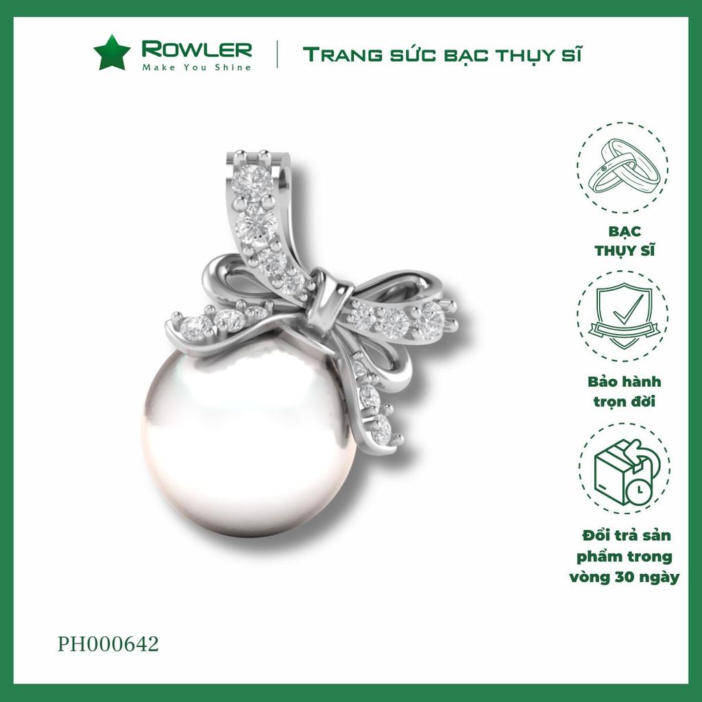 Mặt dây chuyền nữ bạc Thụy Sĩ họa tiết đính ngọc trai và đá Moissanite ROWLER PH000642