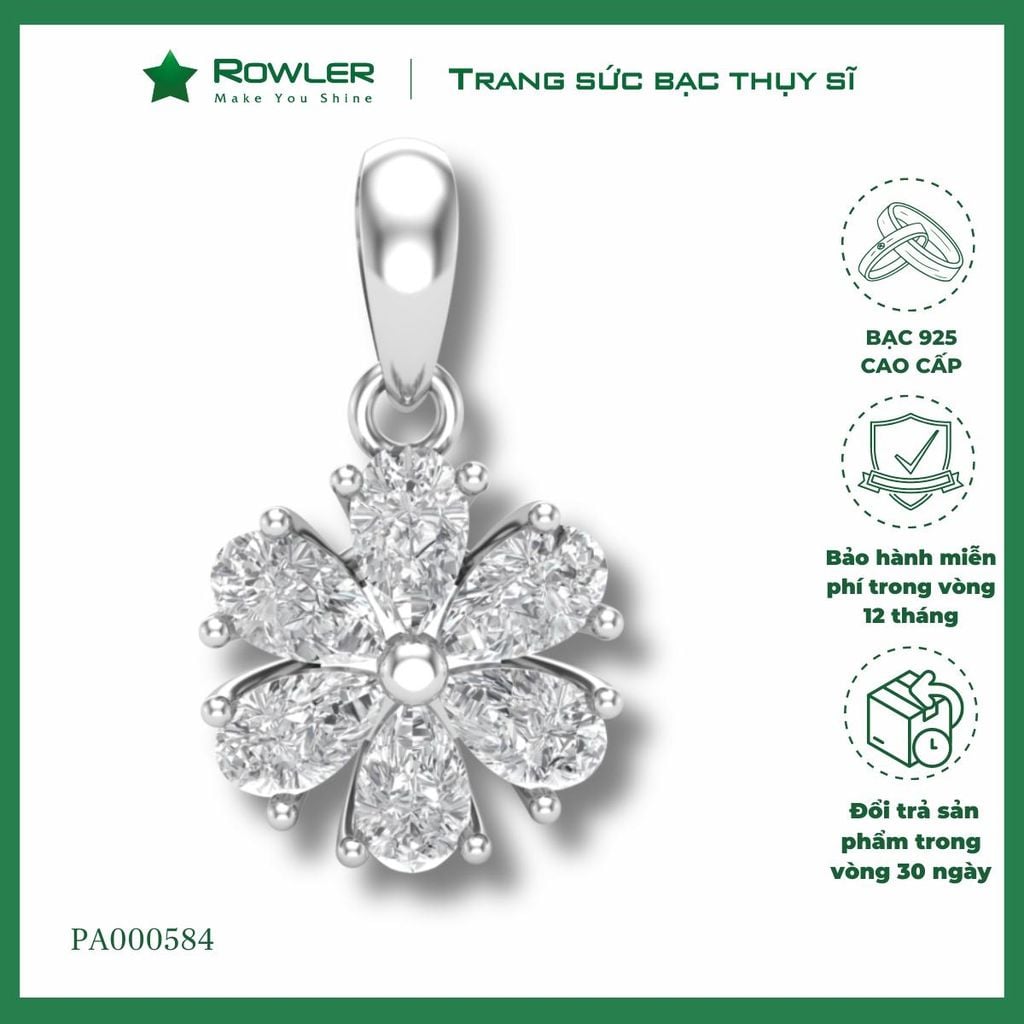 Mặt dây chuyền nữ bạc 925 hoa mai đính đá Cubic Zirconia 5A giọt 2*3mm ROWLER PA000584
