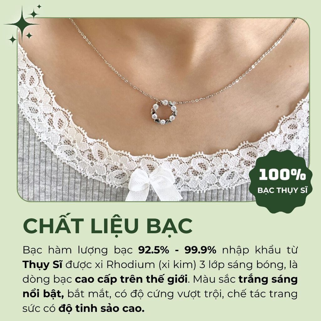 Dây cổ bạc Thụy Sĩ vòng tròn họa tiết trái tim đính đá Moissanite ROWLER NH000848