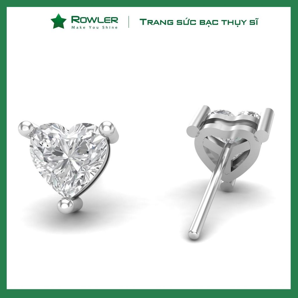 Bông tai bạc nữ 925 đính đá Cubic Zirconia trái tim 5.0ly ROWLER