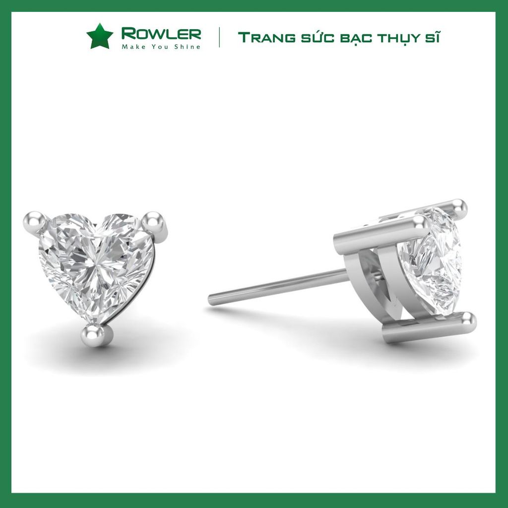 Bông tai bạc nữ 925 đính đá Cubic Zirconia trái tim 5.0ly ROWLER