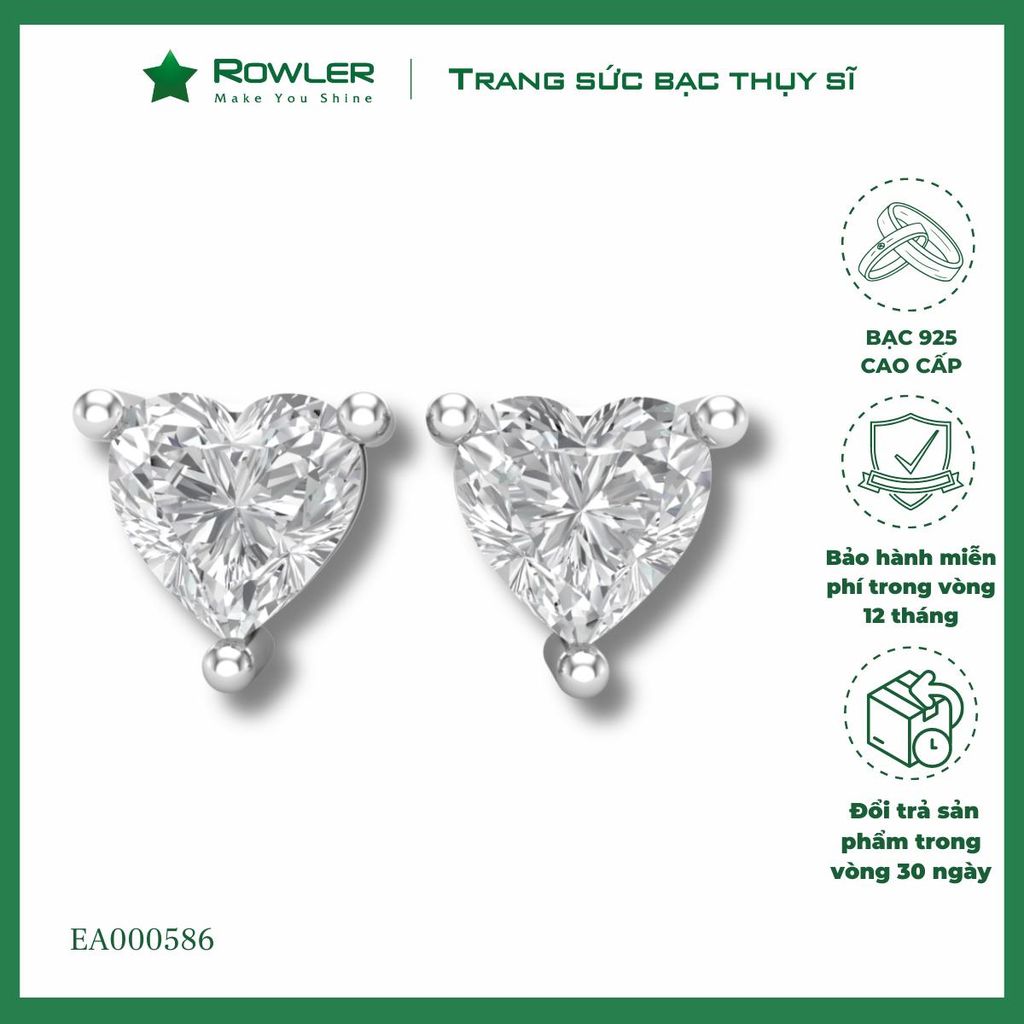 Bông tai bạc nữ 925 đính đá Cubic Zirconia trái tim 5.0ly ROWLER