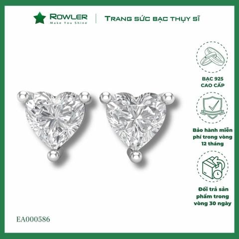 Bông tai bạc nữ 925 đính đá Cubic Zirconia trái tim 5.0ly ROWLER