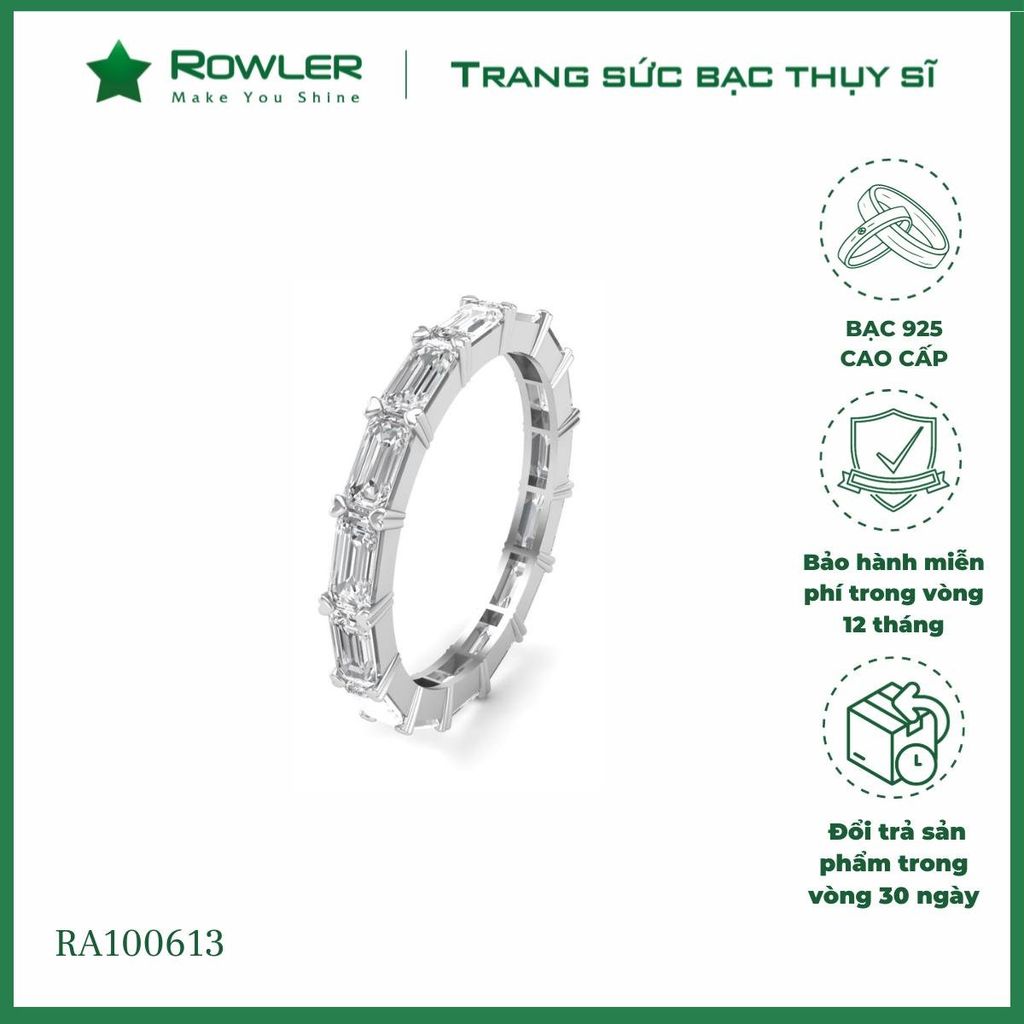 Nhẫn bạc 925 đính full đá Cubic Zirconia 5A chữ nhật 2*3ly ROWLER RA100613