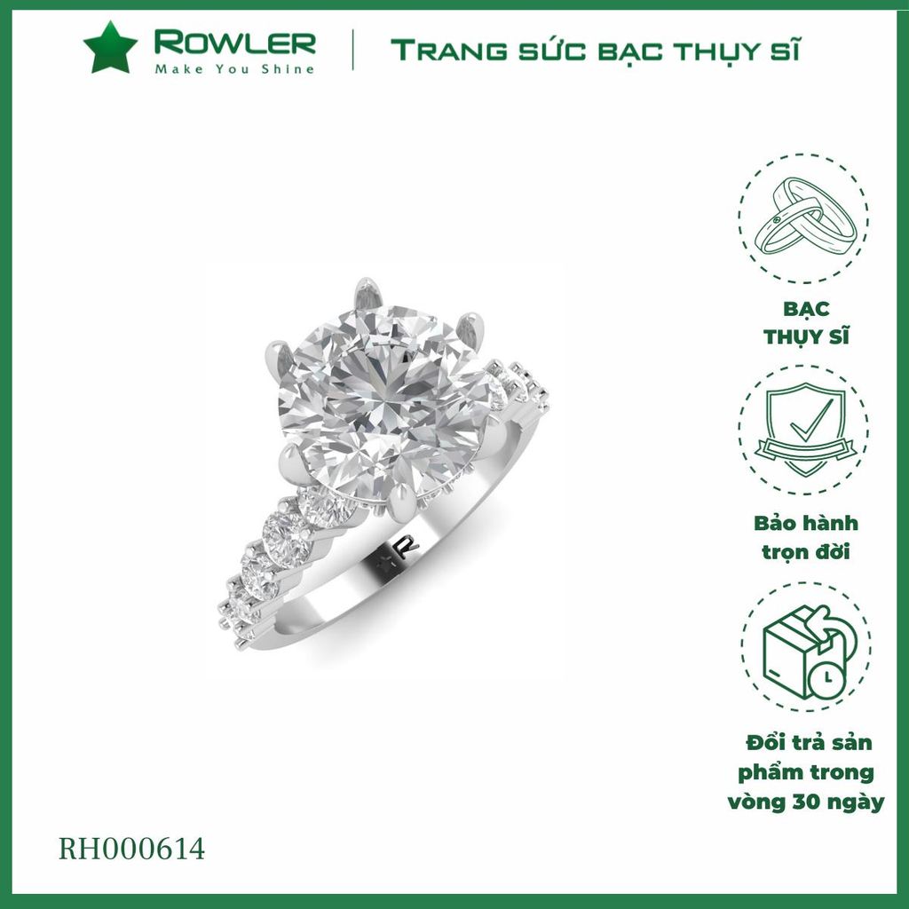 Nhẫn bạc Thụy Sĩ Solitaire đính đá Moissanite 8.0ly ROWLER RH000614