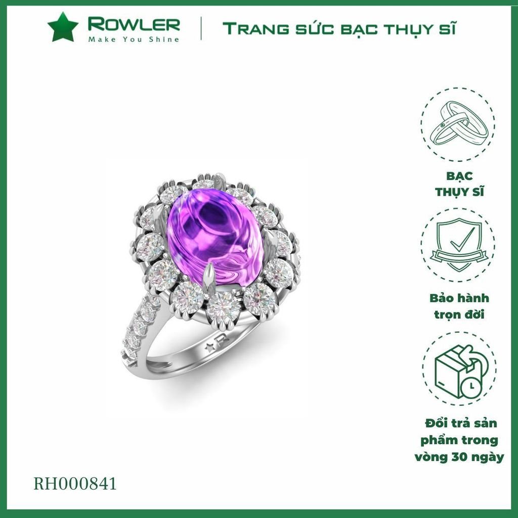 Nhẫn bạc đính Thụy Sĩ đá Moissanite Amethyst Oval 10ly ROWLER RH000841