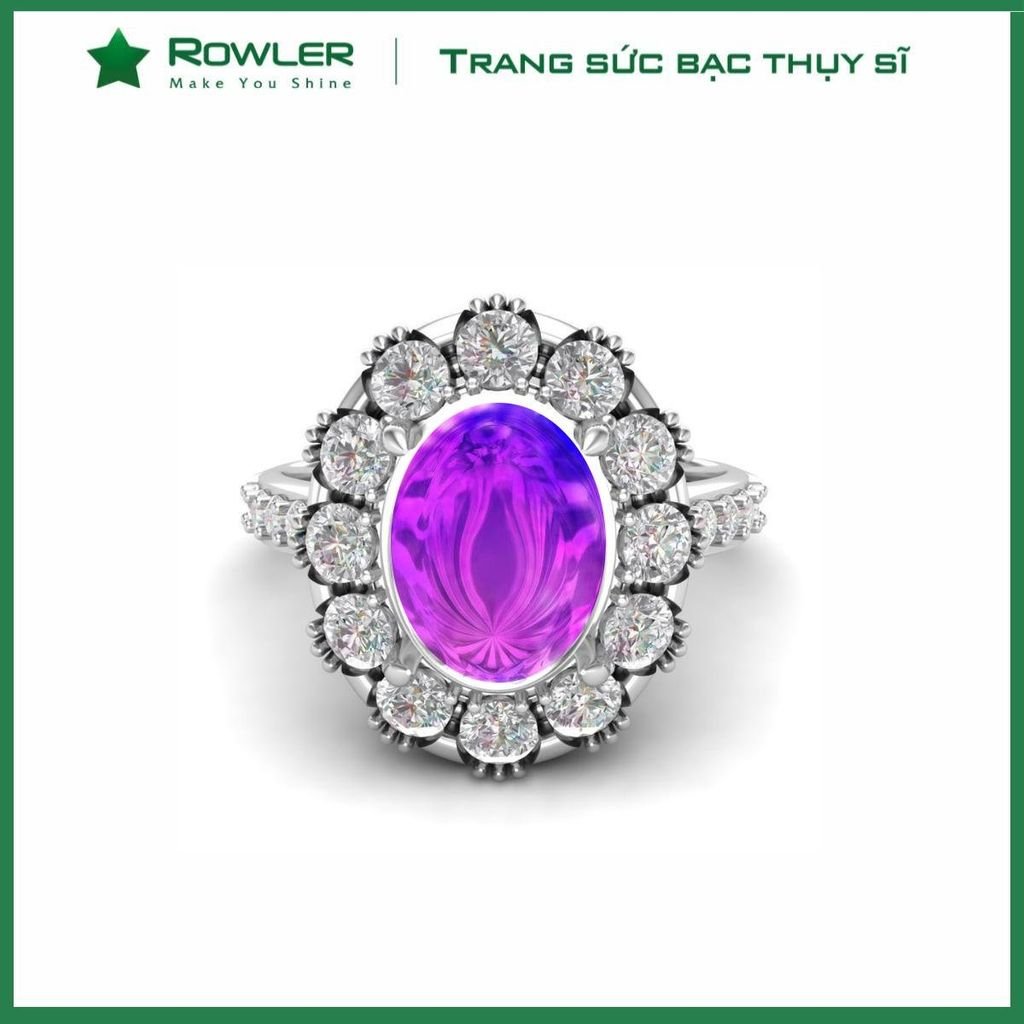 Nhẫn bạc đính Thụy Sĩ đá Moissanite Amethyst Oval 10ly ROWLER RH000841
