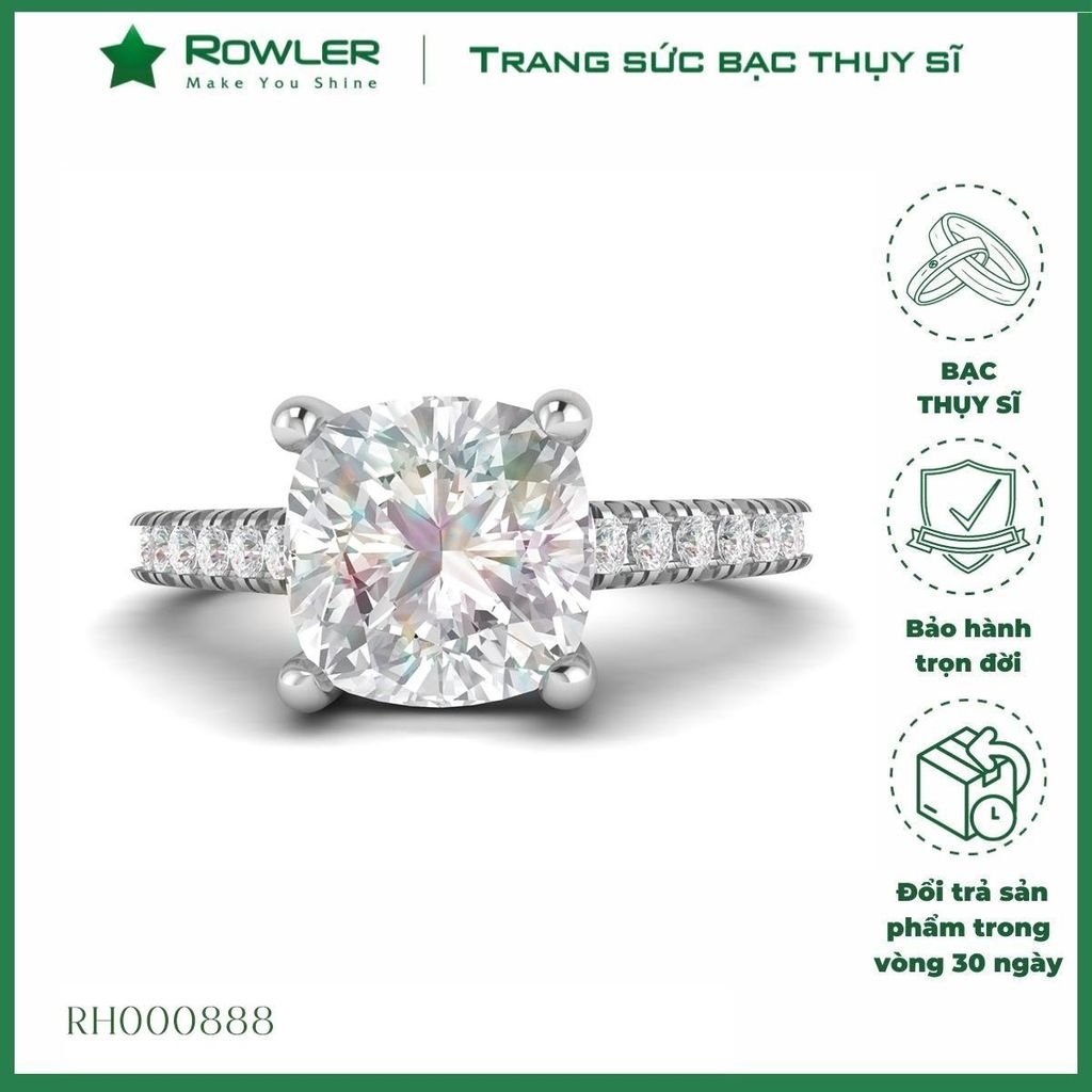 Nhẫn bạc đính đá Moissanite vuông 7.0ly Cushion Cut ROWLER RH000888
