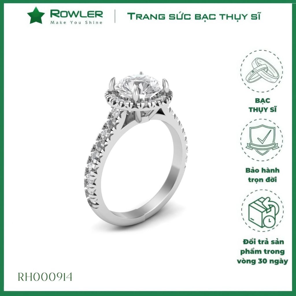 Nhẫn Bạc HALO đính đá Moissanite 7.0ly ROWLER RH000934