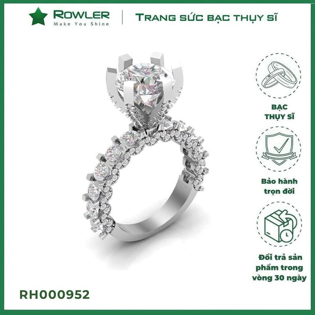 Nhẫn nữ Royal bạc Thụy Sỹ 6 chấu đá Moissanite 9.0ly ROWLER RH000952