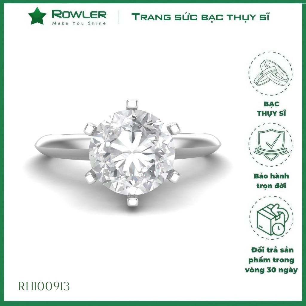 Nhẫn bạc Solitaire đai trơn thanh mảnh đính đá Moissanite 7.0ly ROWLER RH100933