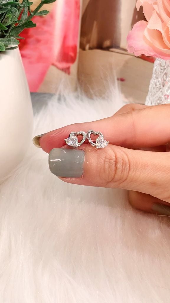 Bông tai nữ bạc Thụy Sĩ trái tim đôi đính đá Moissanite 4.0ly ROWLER