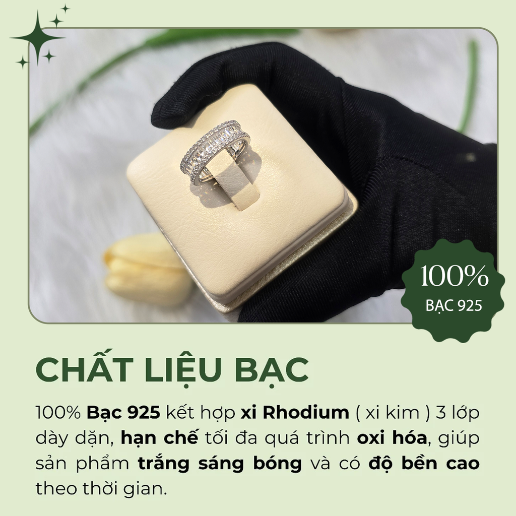 Nhẫn bạc nữ 925 full đá CZ chữ nhật 5A 2*3ly Radiant cut ROWLER RA000345
