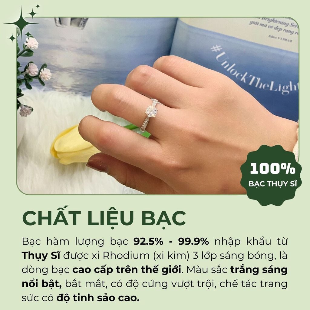 Nhẫn bạc Thụy Sỹ 6 chấu đá Moissanite 6.0ly sáng lấp lánh ROWLER RH000943