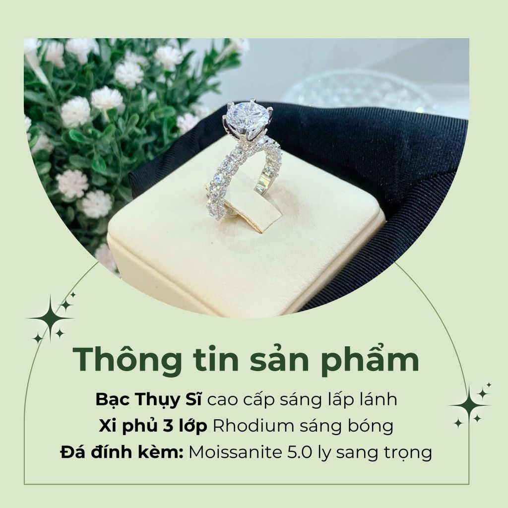 Nhẫn nữ Royal bạc Thụy Sỹ 6 chấu đá Moissanite 9.0ly ROWLER RH000952
