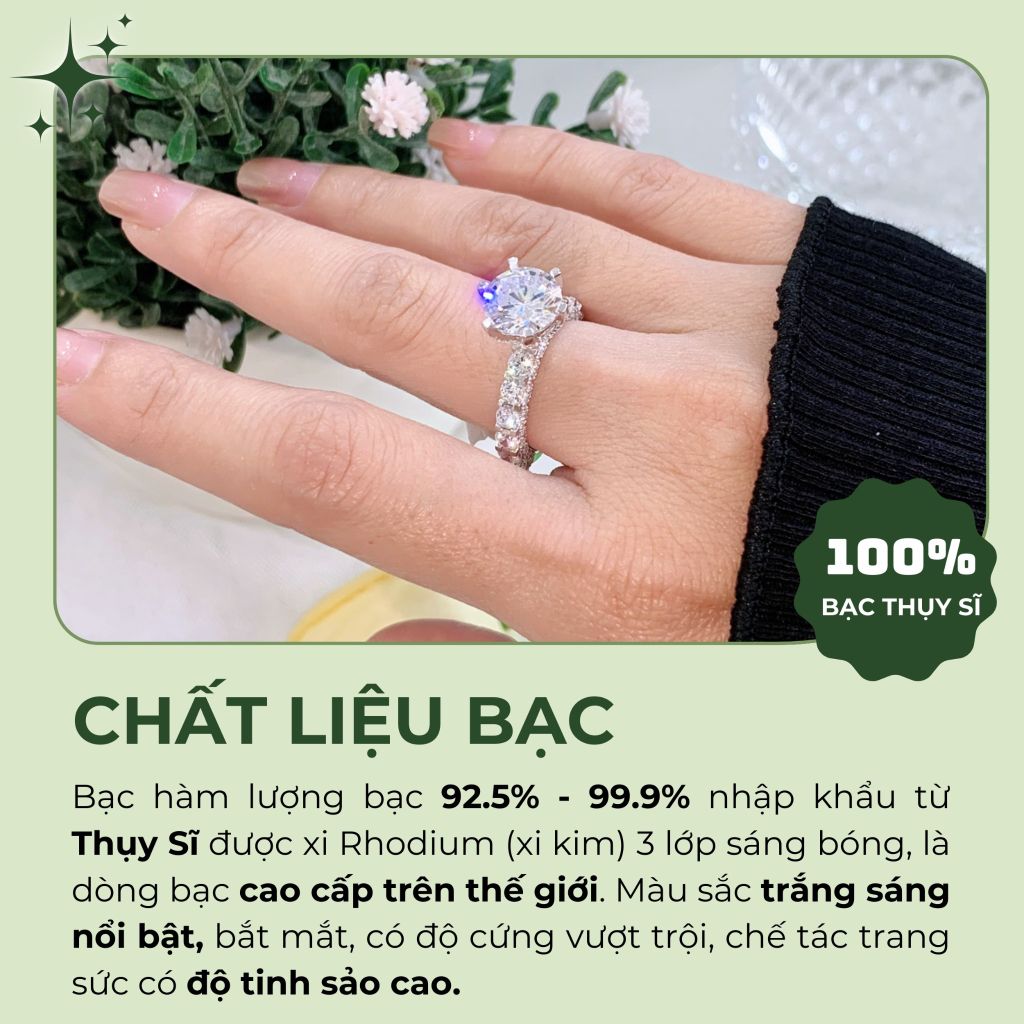Nhẫn nữ Royal bạc Thụy Sỹ 6 chấu đá Moissanite 9.0ly ROWLER RH000952