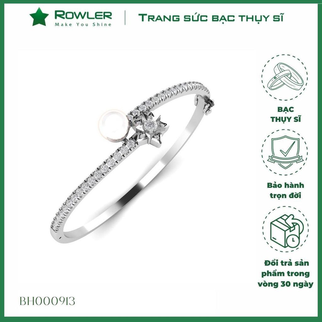 Vòng tay nữ bạc Thụy Sĩ họa tiết ngôi sao đính Ngọc trai và Moissanite ROWLER BH000913