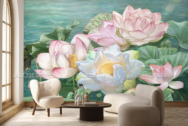  Tranh Dán Tường Hoa Sen 3D 5D 8D 