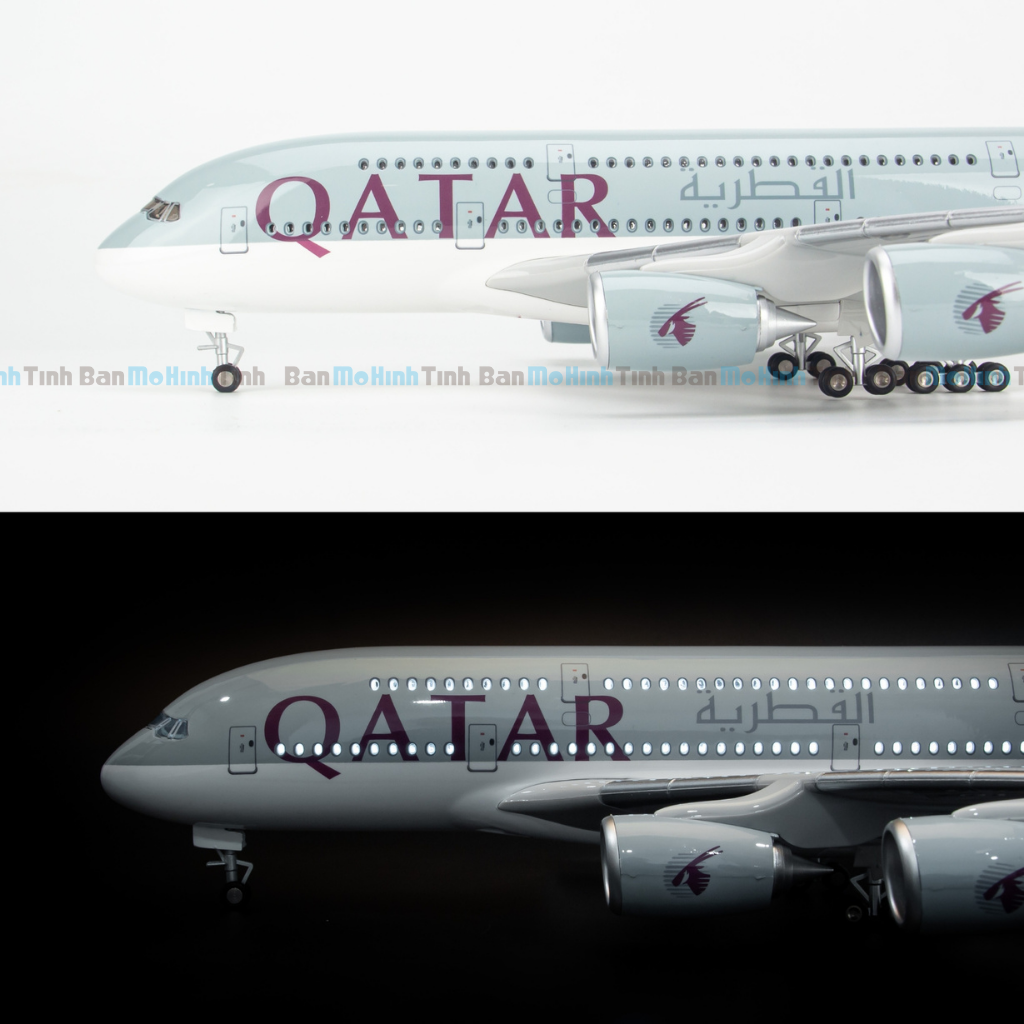 Mô hình máy bay lắp ráp có đèn led Qatar Airways Airbus A380 47cm Everfly