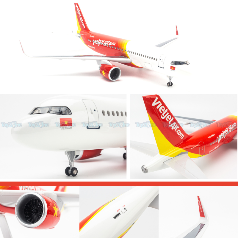 Mô hình máy bay Airbus Vietjet Air 47cm lắp ráp có đèn Everfly VG93