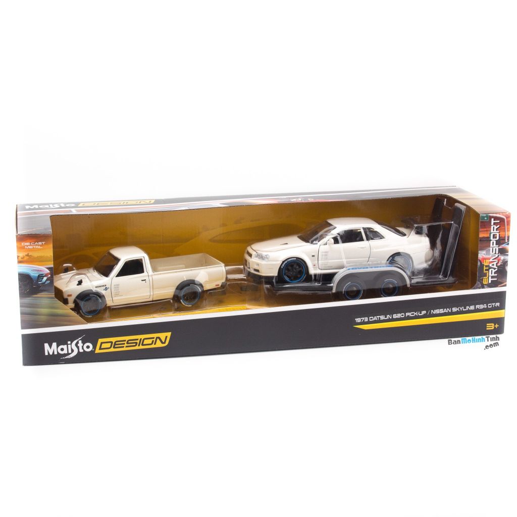 Mô hình xe Design Elite Transport - Datsun 73 Pick up + Skyline R34 1:24 Maisto White (8)