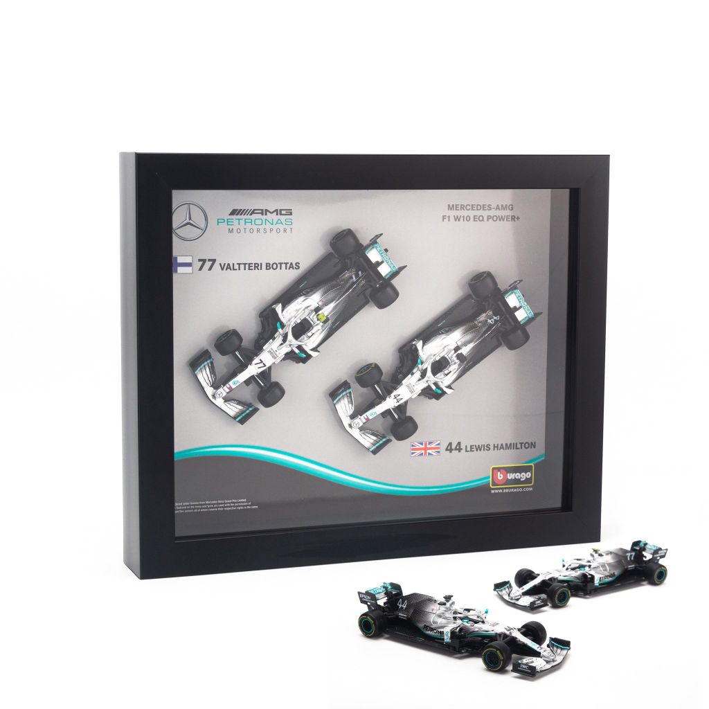 Khung tranh mô hình xe Mercedes Benz F1 2019 W10 EQ Set V.Bottas 77 + L.Hamilton 44 1:43 Bburago - 18-38123