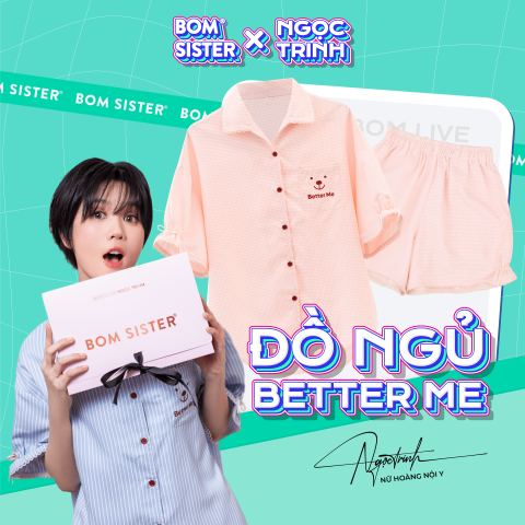 BOM Sister x Ngọc Trinh - Bộ đồ ngủ, đồ mặc nhà nữ áo có tay quần đùi họa tiết đơn giản dễ thương BOM Sister MN2012