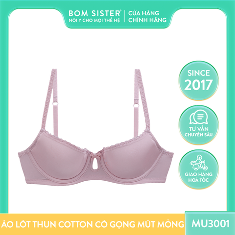 Áo lót có gọng nửa ngực mút mỏng thun viền ren, màu trơn nâng ngực tự nhiên BOM SISTER MU3001