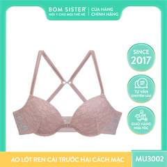 Áo lót ren hoa cài trước mút mỏng có gọng dây lưng chéo phối áo ba lỗ nâng ngực tự nhiên BOM SISTER MU3002