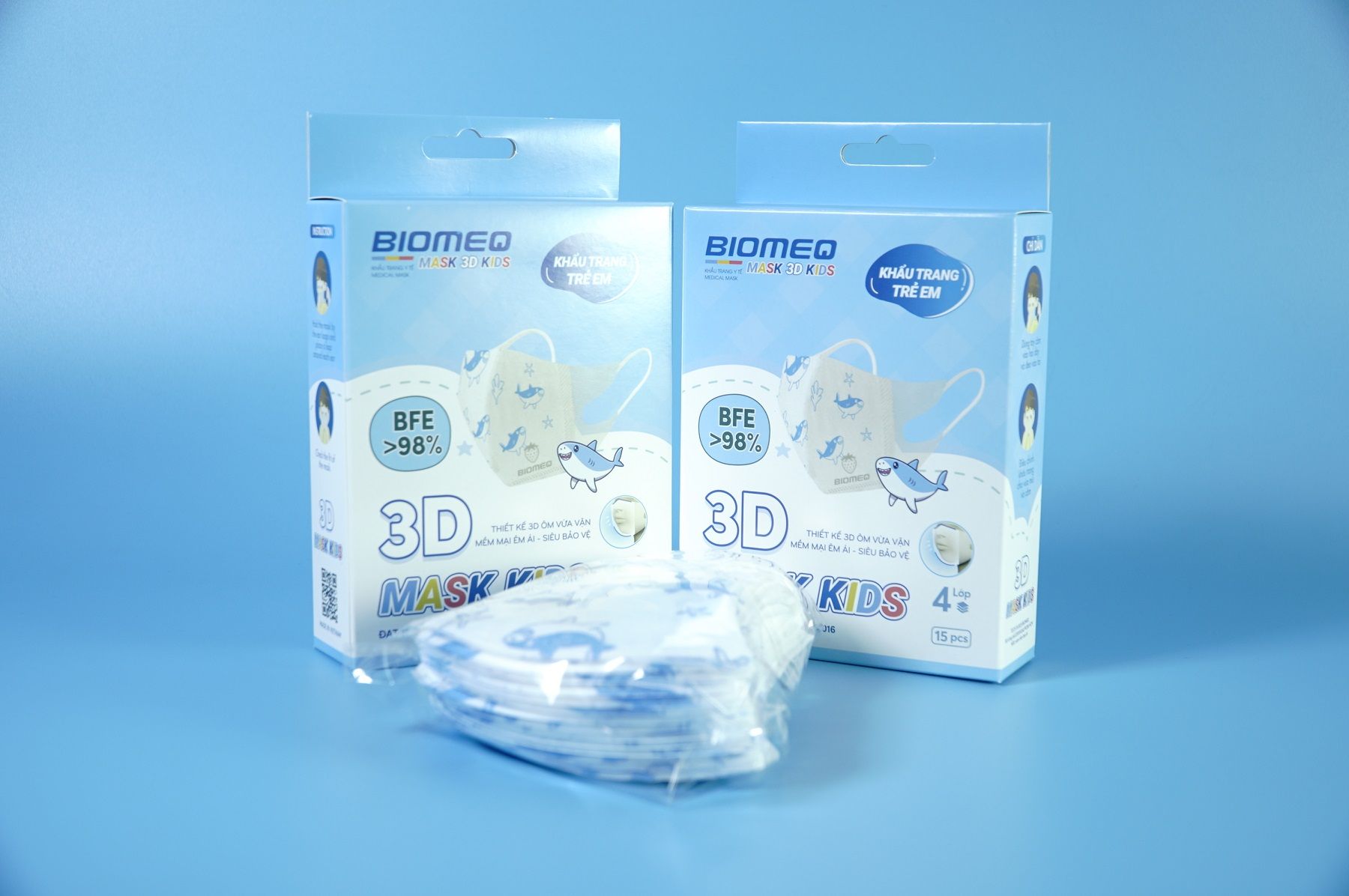  Hộp 15 khẩu trang y tế 3D cho trẻ em Biomeq 3D Kids 4 lớp tiện lợi: Trẻ dưới 8 tuổi 