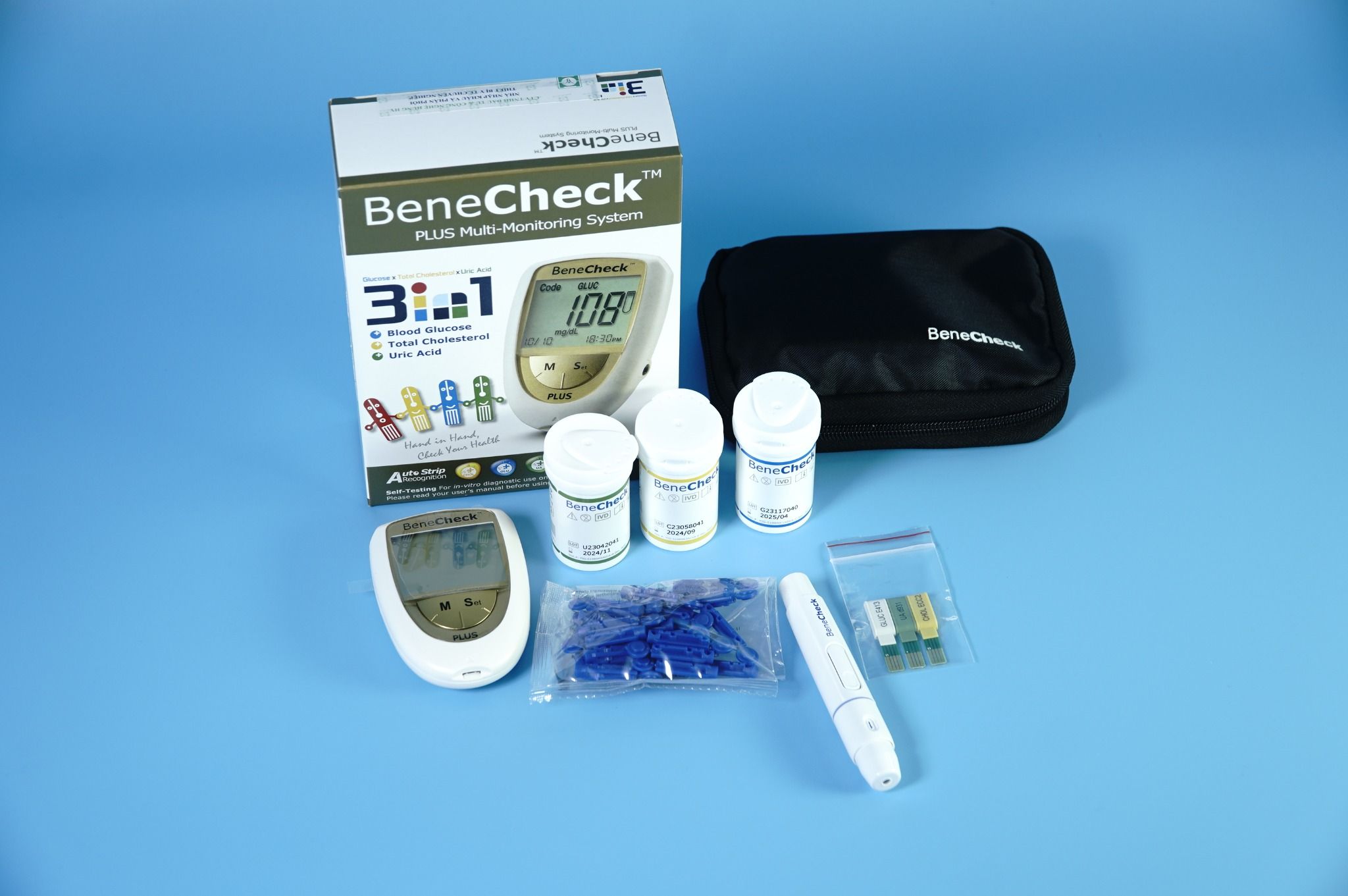  Máy đo đường huyết, mỡ máu, gout Benecheck Plus 3 in 1 đa chức năng + 3 hộp que thử 