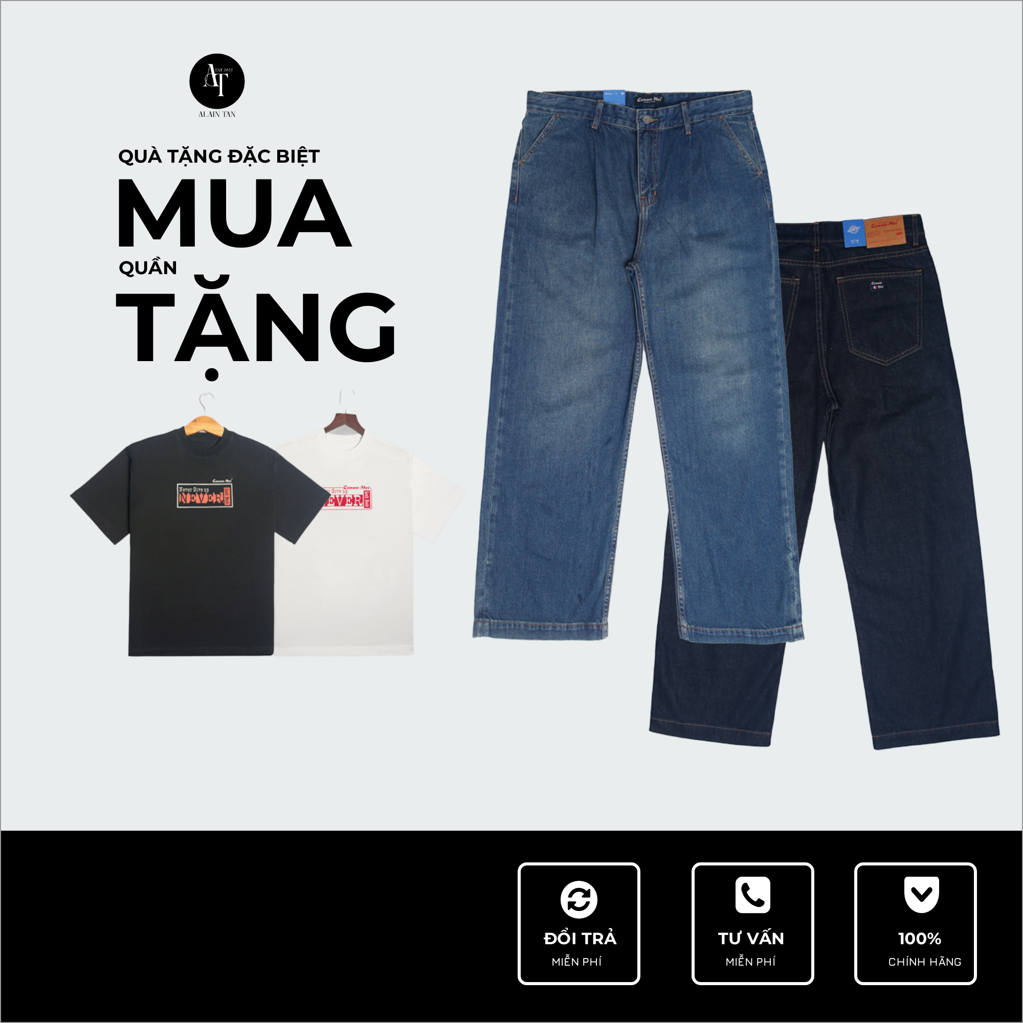 Quần Denim ống suông có ly
