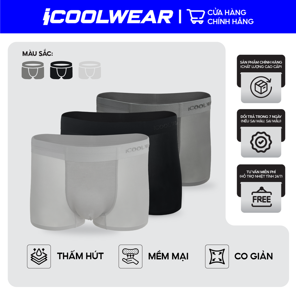 Combo 3 quần sịp nam BOXER ICOOLWEAR thun lạnh cao cấp, co giãn 4 chiều, kháng khuẩn tốt - VN004