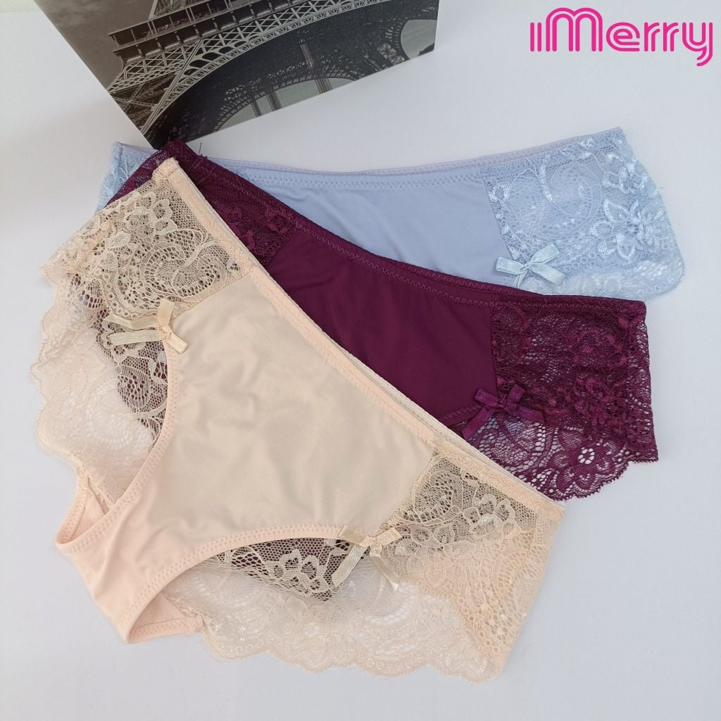 Combo 3 quần lót su ren nữ iMERRY kết hợp ren cao cấp đính nơ dáng bikini xẻ cao VQ046