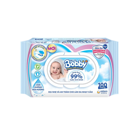  Bobby - Khăn ướt 100 tờ không hương nắp nhựa 