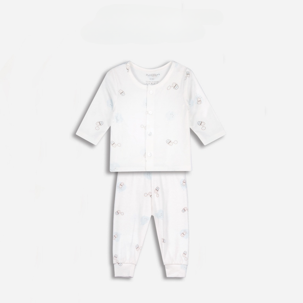  Chaang - Bộ dài cúc giữa Punchun in tràn trắng xanh 3M 