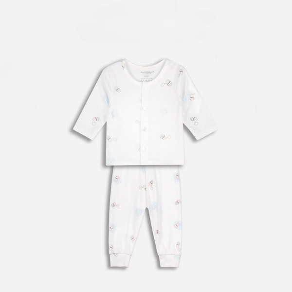  Chaang - Bộ dài cúc giữa Punchun in tràn trắng xanh 6M 